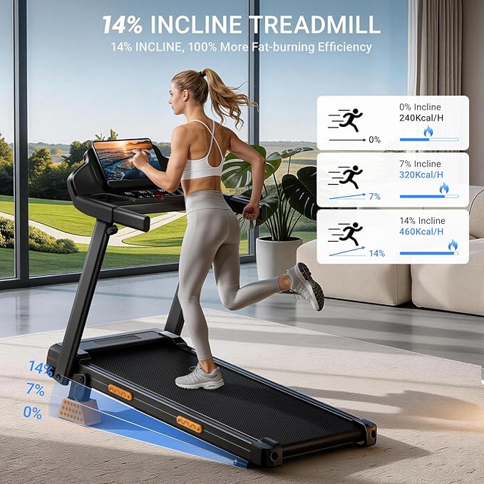 UMAY Treadmills for Home with 14% Incline & Led Screen, 3.0HP Quiet Foldable Treadmill with Handle Bar Up to 360lbs Capacity, 7-Layer Shock-Absorbing Walking Pad Treadmill 0.6-7.2MPH