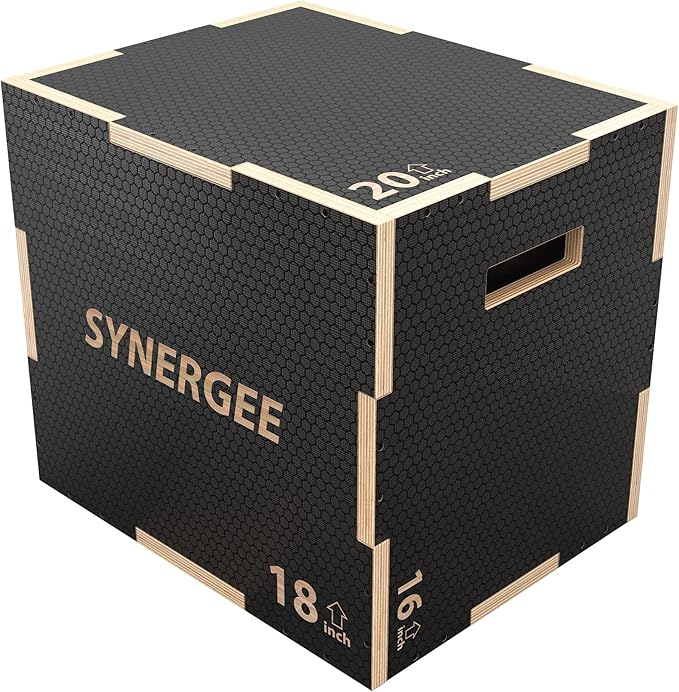 Synergee 3 in 1 Non-Slip Plyometric Box for Jump Training and Conditioning. Wooden Plyo and Soft Plyo Box All In One Jump Trainer. Sizes 20/18/16, 16/14/12