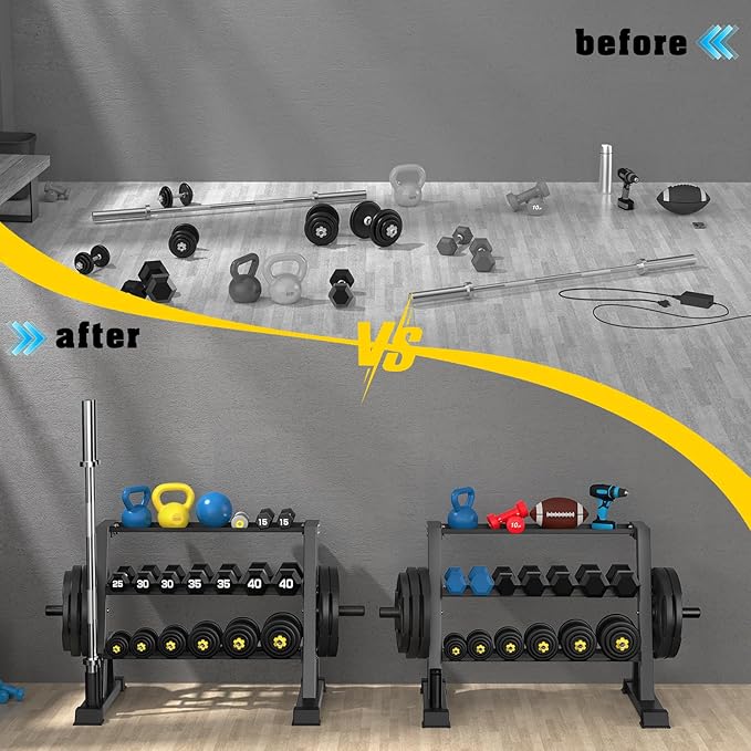 3-Tier Weight Rack, Dumbbell Kettlebell Rack1100LB Capacity Weight Plate and Curl Bar Storage for Home Gym