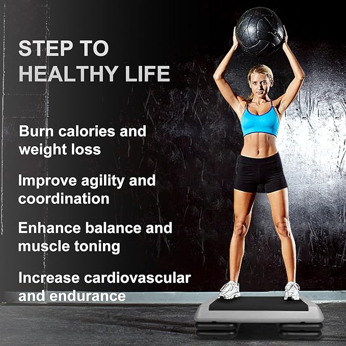 Gym Step Platform for Exercise at Home, Fitness Step for Home Workout, Adjustable Step Up Exercise Platform, Aerobic Stepper Step Platform with 4 Risers, Step Exercise Platform for Work Out
