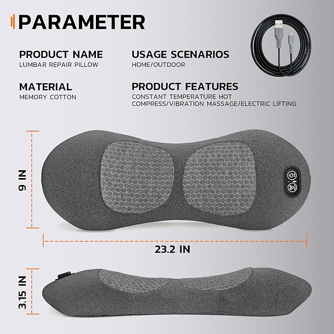 3-in-1 Electric Back Massager Pillow, Rechargeable Lumbar Support Cushion with Heat Vibration