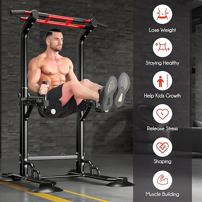 DlandHome Pull Up Bar Power Tower Dip Station, Height Adjustable Heavy Duty Workout Dip Stand, Multi-Functional Strength Training Machine for Men Women Home Gym