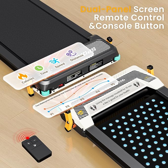 2 Side Walking Pad Treadmill with Incline Massage Function, 2 in 1 Under Desk Treadmills Walking Pad and Foot Massager for Home/Office, Portable Treadmill with Remote Control LED Display