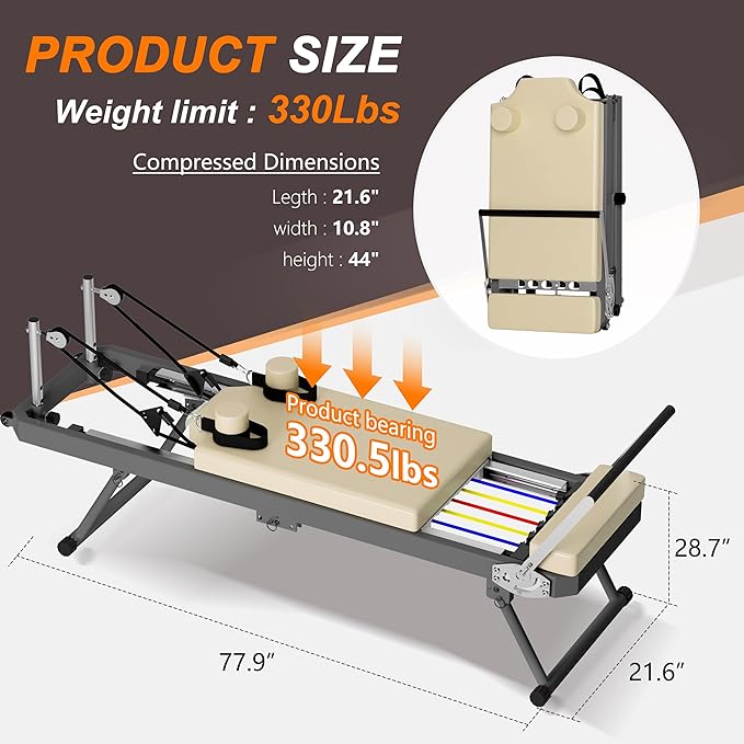 Beige Pilates Reformer, Foldable Pilates Machine for Home Gym Workout, Pilate Equipment with High Strength Alloy Springs for Beginners, Up to 330lbs