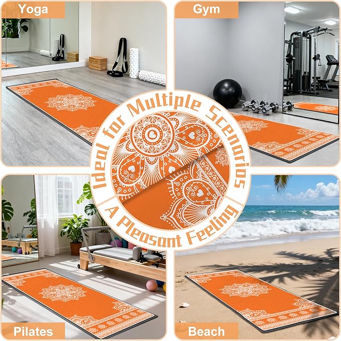 Yoga Towel,Absorbent Yoga Mat Towel for Hot Yoga Non Slip,Stylish Prints,Ideal for Workouts,Hot Yoga,Bikram,Pilates Equipment,72 x 27 in,Orange Mandala