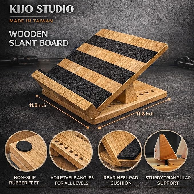 16-Level Adjustable Wooden Slant Board for Squats – 550 lbs Heavy Duty Squat Wedge for Weightlifting & Ankle Mobility – Incline Board for Calf Raises & Leg Day Training【Made in Taiwan KIJO Studio】