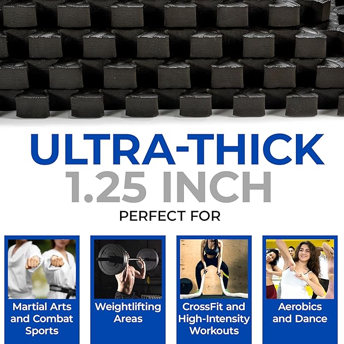 Puzzle Exercise Mat 1.25 in, EVA Interlocking Foam Floor Tiles for Home Gym, Mat for Home Workout Equipment, Floor Padding for Kids, Black, 24 in x 24 in x 1.25 in, 24 Sq Ft - 6 Tiles