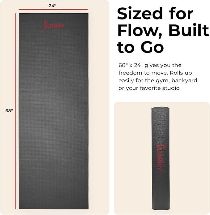 Sunny Health & Fitness Non-Slip Yoga Mat – Durable, Anti-Tear, Lightweight, Cushioned Support for Yoga, Pilates, Stretching Exercises, Meditation and Floor Workouts | Multiple Sizes & Colors