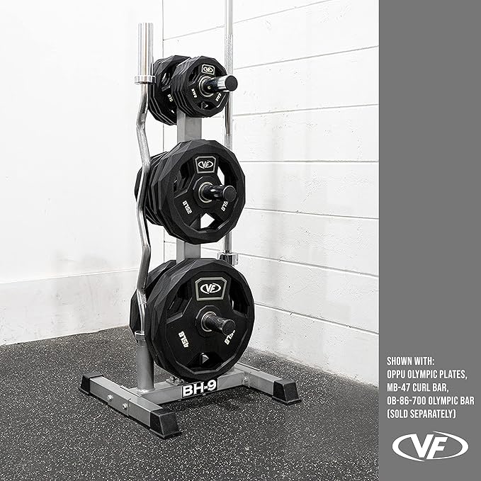 Valor Fitness Weight Plate Rack with Barbell Holders – Heavy-Duty Steel Storage Tree with 6 Pegs and 2 Vertical Bar Sleeves for Standard and Olympic Plates – 800 lb Capacity for Home & Garage Gyms