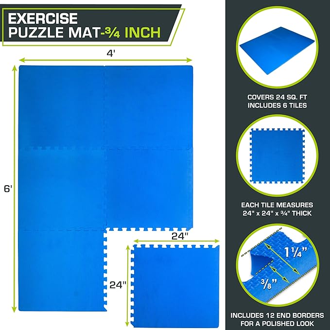 ProsourceFit Weaved Pattern Extra Thick Exercise Puzzle Mat ¾-inch, EVA Foam Interlocking Tiles for Protective, Cushioned Flooring for Home and Gym Equipment; Blue, 24 SQ FT, 6 Tiles