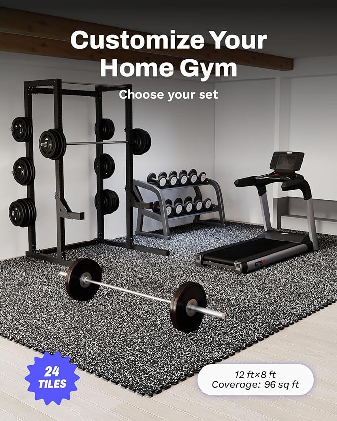AIRHOP 0.79in Thick 96 Sq Ft Exercise Equipment Mats, 24 Tiles Upgraded Rubber Top with High Density EVA Foam, Large Interlocking Puzzle Gym Flooring for Home Gym, Heavy Weight Workout,Black & White