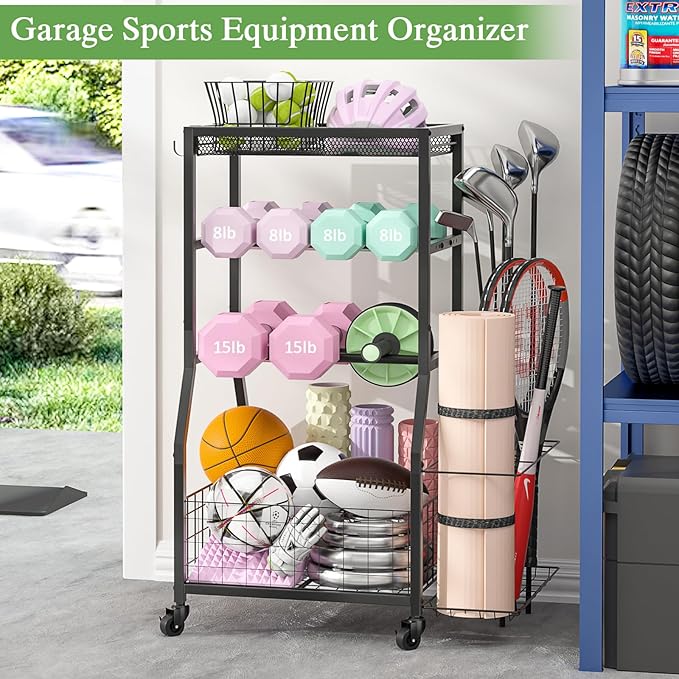 Home Gym Storage Rack, Dumbbell Rack with Yoga Mat Storage, Weight Rack Stand with Lockable Wheels and Hooks, Home Workout Equipment Organizer for Yoga, Dumbbell, Kettlebells, Ball Storage