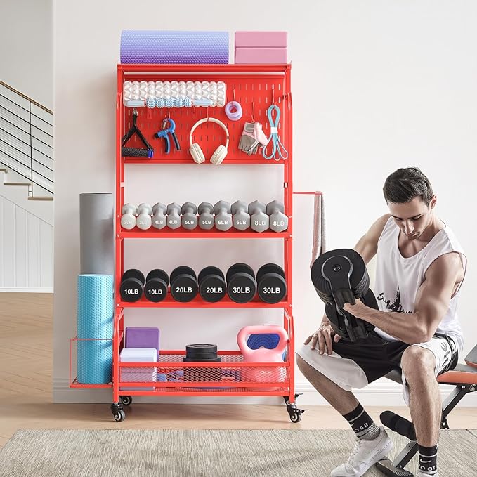 56'' Taller Home Gym Storage Organizer, Yoga Mat Storage Rack with Hanging Board, Exercise Workout Equipment Storage Stand for Home Gym, Dumbbell Holder Kettlebell Rack with Wheels and Hooks