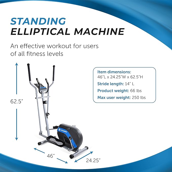 Stamina Elliptical Training Machine with Smart Workout App - Compact Standing Elliptical Machine for Home Workout - Up to 250 lbs Weight Capacity