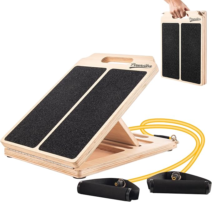 Wooden Slant Board for Calf Stretching, Adjustable Portable Incline Board with 10 - pound Pull Rope, Comes with Training Poster, 300 Lbs Weight Capacity for Leg, Knees and Ankle Stretching