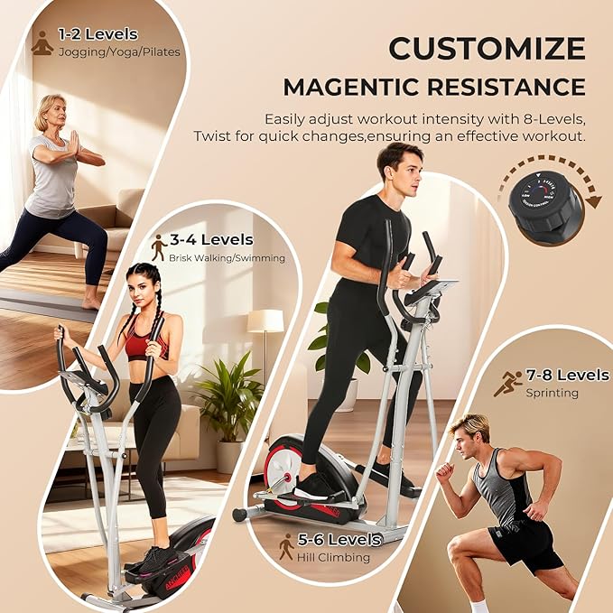 ANCHEER Elliptical Exercise Machine,Elliptical Machine Max 500LBS for Safety,8-Level Resistance&Hyper-Quiet Magnetic Driving System,Elliptical Trainer with Pulse Rate Grips&LCD Monitor&15.5IN Stride