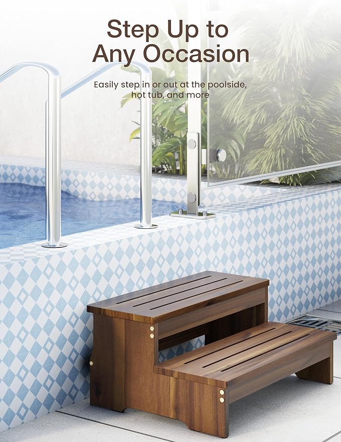TINAMO 25" Acacia Bed Steps for High Beds for Adult 500LBS - 2-Step Wood Step Stool - Wooden Step Stool for Bed - Heavy Duty Hot Tub Steps & Hot Tub Stairs - Walnut Color (Patent Pending)