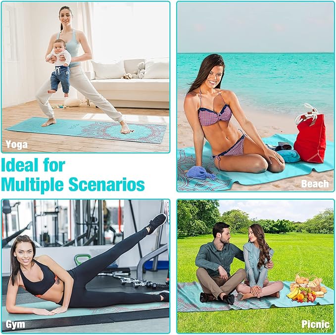 MoKo Hot Yoga Towel, Non-Slip Yoga Mat Towel with Grip Dots, 74.4"×27.3" Yoga Mat Cover for Pilates, Fitness, Meditation, Swimming Pool, Beach, Travel Yoga Mat with Corner Pockets