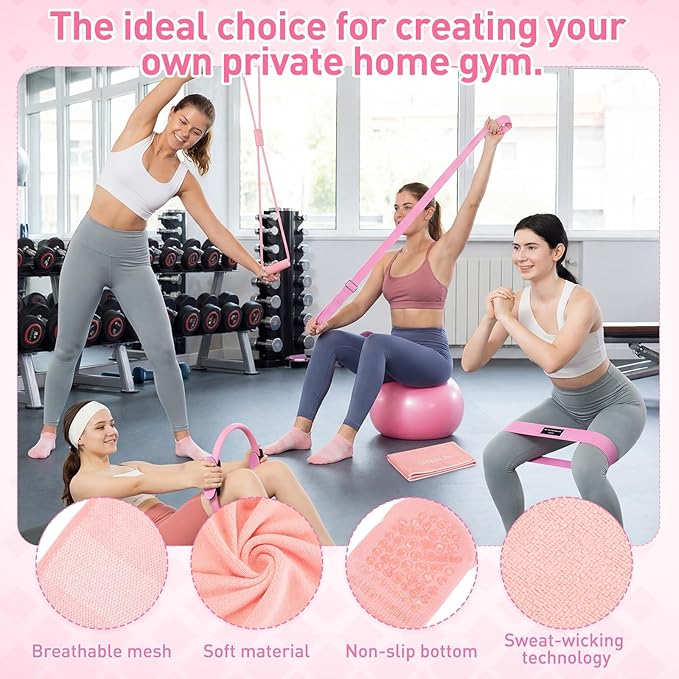 11 Pcs Pink Yoga Accessories Set for Women, Home Pilates Essential Kit for Workout Gym Lover Gifts with Yoga Mat Magic Circle Tote Bag 3 Resistance Bands Strap Socks Towel Ball TPE Loop