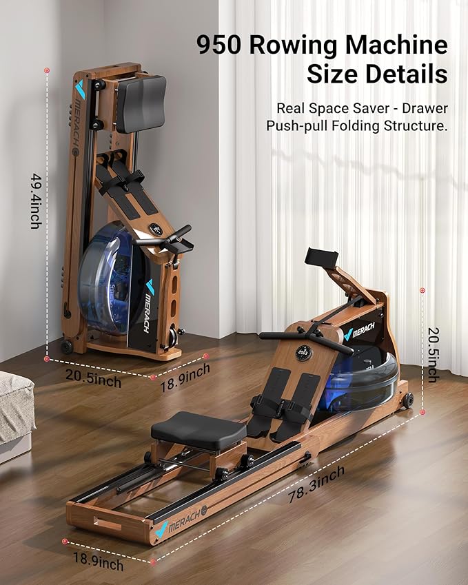 MERACH Foldable Wooden Rowing Machine, Water Electromagnetic Rower Machine for Home Use, Exclusive App Lifetime Membership, Patented Space Saver, MERACH Go Technology, 950