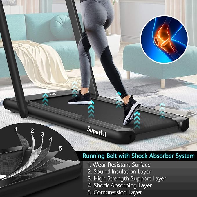 Goplus 2 in 1 Folding Treadmill with Dual Display, 2.25HP Superfit Under Desk Electric Pad Treadmill, Installation-Free, Blue Tooth Speaker, APP Control, Remote Control, Walking Jogging for Home