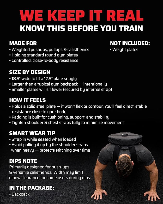 Weighted Backpack for Gym Weight Plate - for Pushups, Calf Raises, Squats, Wear on Back or Front, Fits Up to 17.5” Diameter, 2.5” Thick Plate, Padded Straps & Secure Buckles - For Home & Gym