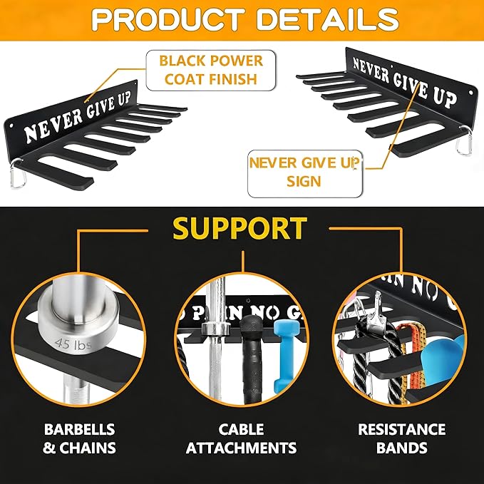 Gym Home Rack 8 Hook Heavy-Duty Wall-mounted Organizer Multi-Purpose Workout Gear Wall Hanger Storage for Resistance Bands Jump Ropes Lifting Belt Fitness Bands Barbells Carabiners Included