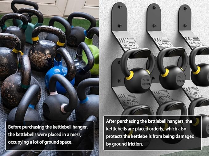veimia Kettle Bell Wall Rack, Wall Mounted Kettle Bell Storage Hanger, Gym Storage Mount for many Size Kettlebell, Kettlebell Rack with rubber mat is choice for home or commercial gyms