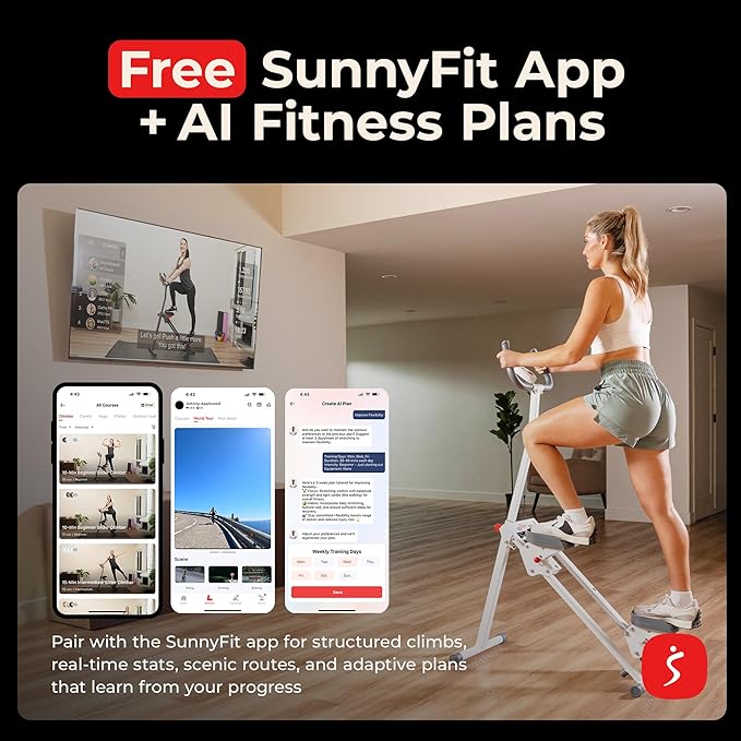 Sunny Health & Fitness Smart Foldable Cardio Stair Stepper, Vertical Climber with Extended Step Range, SunnyFit App Connection – Pink / White / Gray