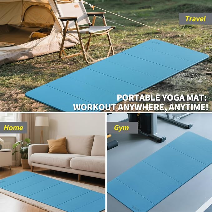 Foldable Yoga Mat Extra Thick & Large (74" x 31.5" x 0.32"), Double-Sided Non Slip & Lightweight Fitness Mat, 8mm Thick Wide Exercise Mats for Woman Man Kids, Portable Workout Mats for Travel, Studio or Home Use