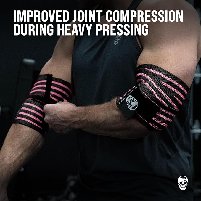 Gymreapers Weightlifting Elbow Wraps (1 Pair) - Flexible 40'' Elbow Compression Strap & Joint Support Brace - for Bench Press, Powerlifting, and Pressing