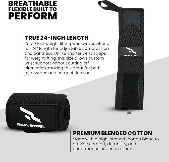 Real Steel Heavy-Duty Wrist Wraps for Weightlifting Men & Women - 24" Gym Wraps with Thumb Loop - Wrist Straps for Weightlifting Support, Powerlifting, and Strength Training - Workout Support Braces