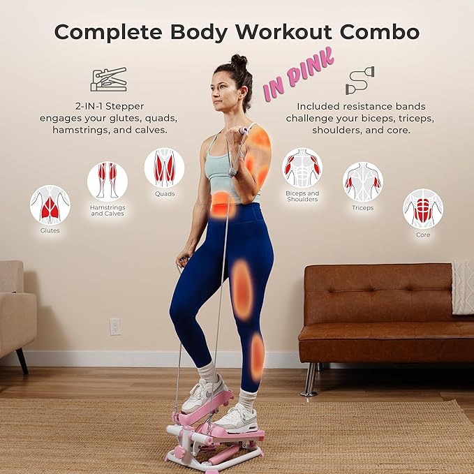 Sunny Health & Fitness Mini Steppers for Exercise at Home, Stair Step Workout Machine with Optional Resistance Bands, Full Body Cardio Equipment, Optional Free SunnyFit App Connection Smart Stepper