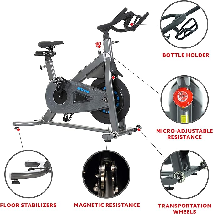Sunny Health & Fitness Premium ASUNA Indoor Stationary Exercise Bike, Indoor Cycling Equipment w/Step-less Magnetic Resistance Plus Adjustable Handlebar & Seat, Home Cardio Training Machine for Adult