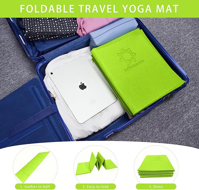 Primasole Folding Yoga Travel Pilates Mat Foldable Easy to Carry to Class Beach Park Tear resistant Travel Picnics 4mm Thick 9 Colors