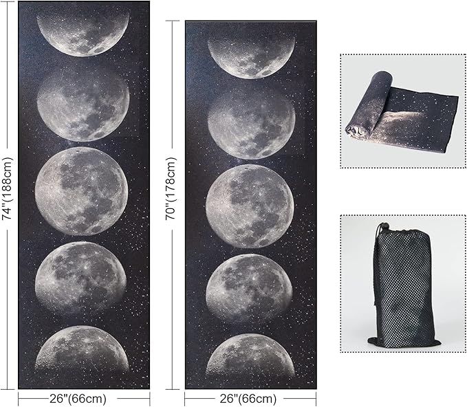 QiyI Yoga Mat Towel with Corner Pockets, Non Slip Sweat Absorbent Hot Yoga Towels, Soft Yoga Blankets with Travel Bag, Skidless Mat Cover for Workout, Gym, Fitness - 70"x26", Moon Cycle