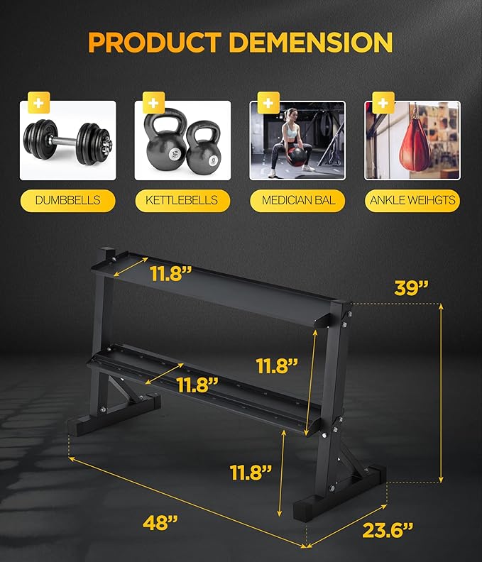 2-Tier Dumbbell Kettlebell Rack, Heavy Duty Steel Frame, 48 x 17.5 x 27.5 Inches, 1000 lbs Weight Capacity, for Kettlebell and Free Weight Storage, Home Gym Organization
