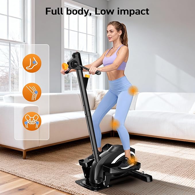 Mini Elliptical, 3-in-1 Elliptical Machine with Handlebars & Resistance Bands, Adjustable Magnetic Resistance & LCD Display, Portable Step Machine Peddler Exerciser for Senior Home Workout