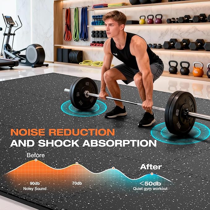 0.56'' Thick 12 Pcs 48 Sq Ft Non-Slip Rubber Top Exercise Equipment Mats, High Density EVA Foam Mats with Rubber Top, Interlocking Puzzle Gym Flooring for Home Gym, Workout Floor Mats, Black