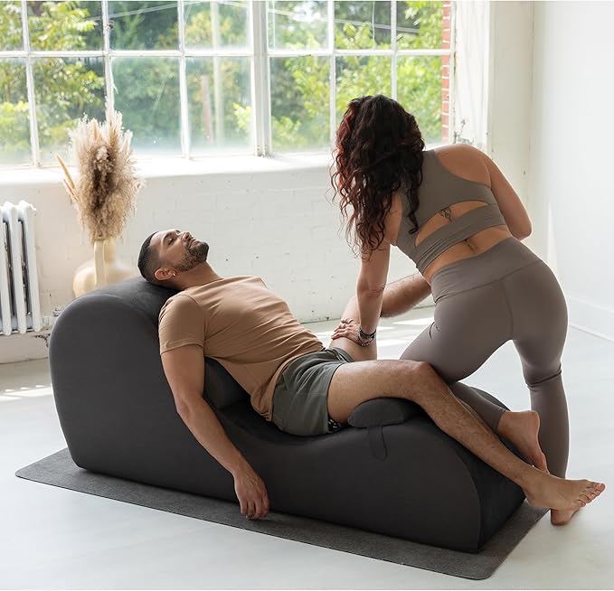 Avana Chakra Yoga Chaise - 2 Adjustable Headrests & Handles with Adjustable Straps, Micro-Velvet/Microloop, Black & Grey