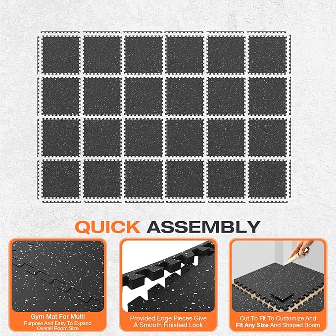 0.56'' Thick 24 Pcs 96 Sq Ft Non-Slip Rubber Top Exercise Equipment Mats, High Density EVA Foam Mats with Rubber Top, Interlocking Puzzle Gym Flooring for Home Gym, Workout Floor Mats, Black