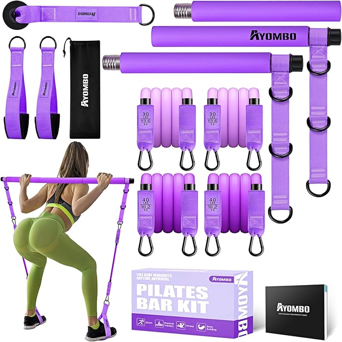Pilates Bar Kit with Resistance Bands, Pilates Workout Equipment for Legs, Hip, Waist, Arm, Squats Exercise Equipment for Home Workouts, Adjustable 3-Section Pilates Bar Kit for Women & Men