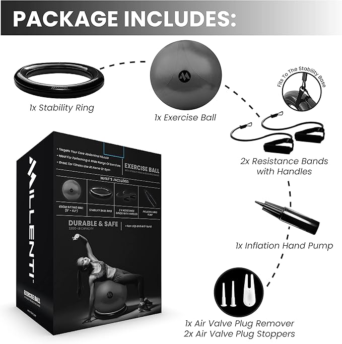 Millenti Exercise Ball Chair 65cm - Yoga Ball Chair Stability Base Ring Kit & Fitness Resistance Bands For Home, Gym Bundle, Pilates Ball, Office Chair, Birthing Ball For Pregnancy - With Workout Chart