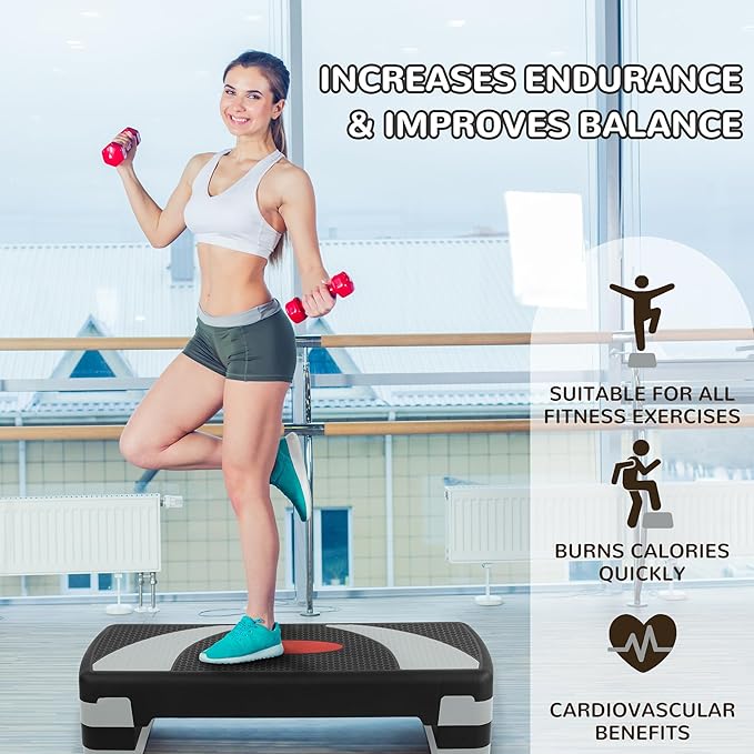 Fitvids Step Aerobic Platform, Exercise Step with levels Adjustable Height, Stackable Risers, Fitness Training Workout Stepper for Home Gym, Cardio Strength