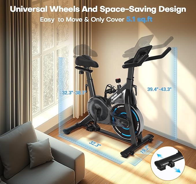 CHAOKE Exercise Bike, Quiet Adjustable Magnetic Stationary Bike for Home Cardio with App Compatible, 350LB Weight Capacity Indoor Cycling Bike with Large Seat, Dumbbell Rack, Pull Cords & LCD Display
