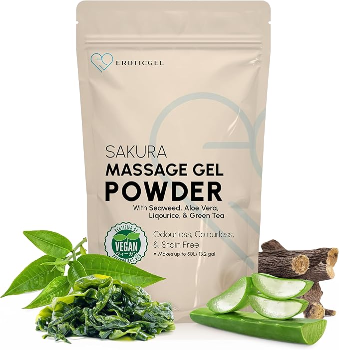 Japanese Massage Gel Powder 500g - Sakura Edition (Aloe Vera, Seaweed, Liquorice, & Green Tea), Made in Japan, Vegan, Odorless, Tasteless, Stain-Free, Reasable Sachet, Makes Up to 13.2 Gallons