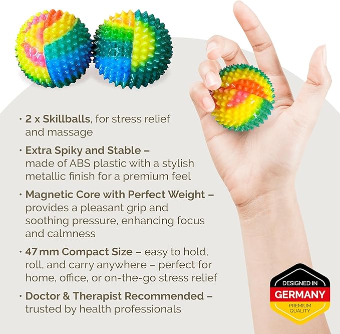 2X Spiky DBT Skill Balls | 2inch | Magnetic Stress Relief Balls | Spiky Massage Balls for Relaxation, Tension Release, Focus & Mobility (Rainbow)