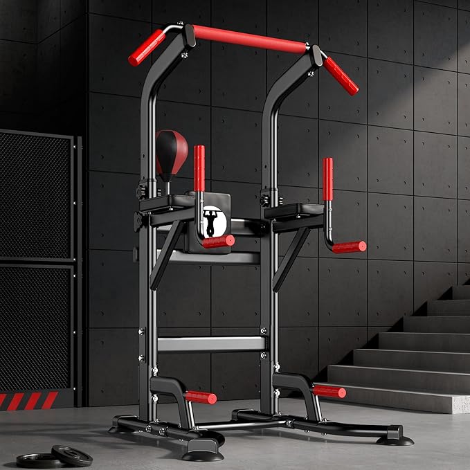SogesPower Power Tower Pull Up Bar Station Multi-Function Adjustable Height Workout Dip Station Strength Training Equipment for Home Gym Fitness Equipment with Boxing Speed Ball & Rotating Target 400LBS