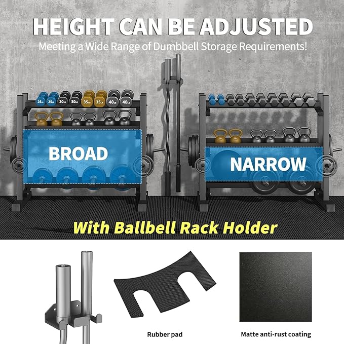 3-Tier Dumbbell Rack, 1800LB Capacity with Barbell Holder, Adjustable Heavy-Duty Weight Rack for Home Gym, Weight Stand for Dumbbells, Kettlebells & Weight Plates (Rack Only)