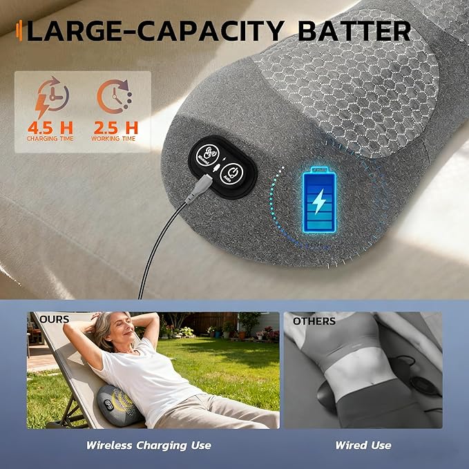 3-in-1 Electric Back Massager Pillow, Rechargeable Lumbar Support Cushion with Heat Vibration